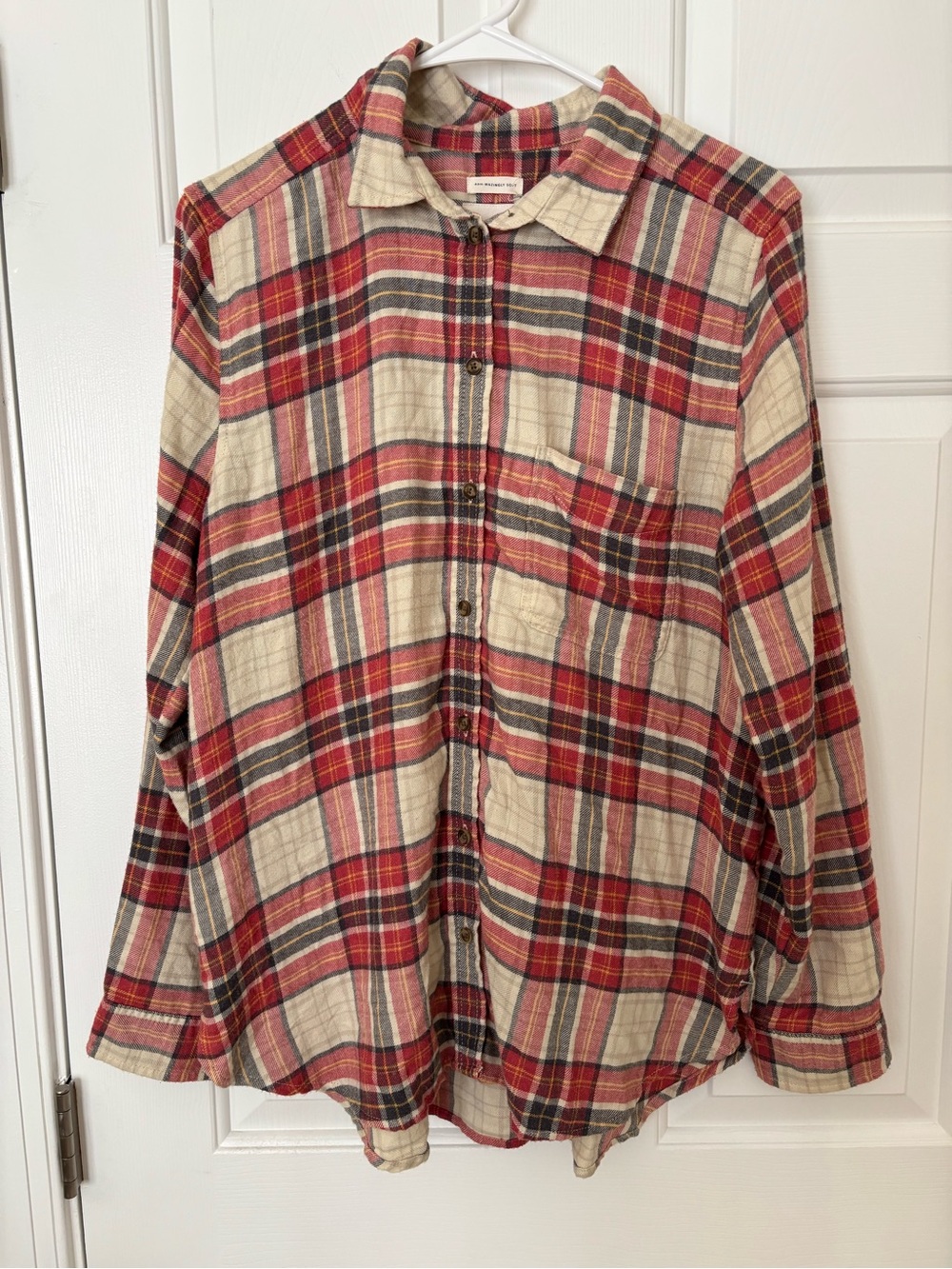American Eagle Outfitters Red and Cream Plaid Button-Down Shirt Large